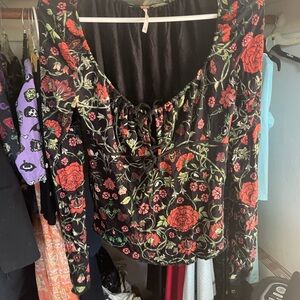 Free People Black and Red Floral Blouse